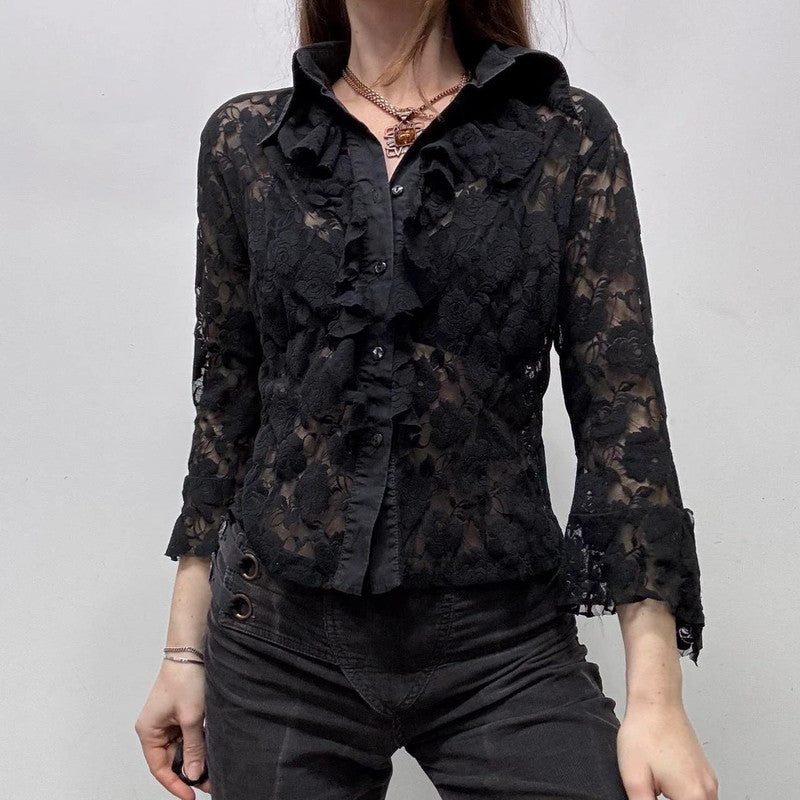 black sheer lace flared shirt