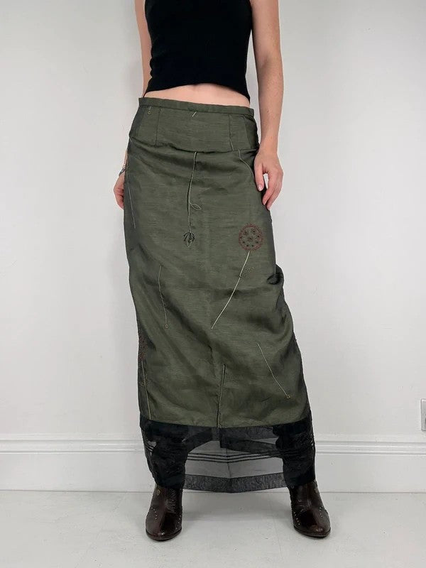 Green embroidered layered a-line maxi skirt