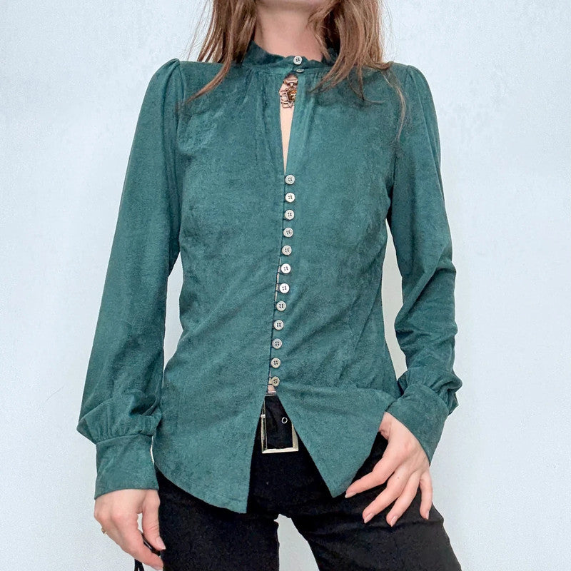 green fitted button flared shirt
