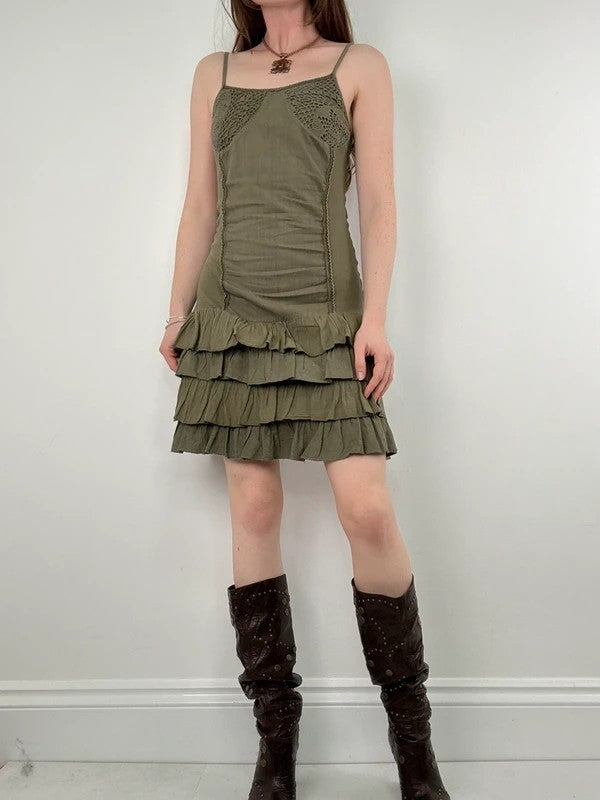 Khaki cotton ruffle lace mini dress