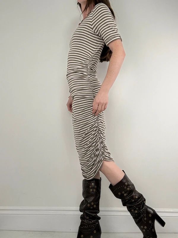 khaki striped gathered cinched midi dress