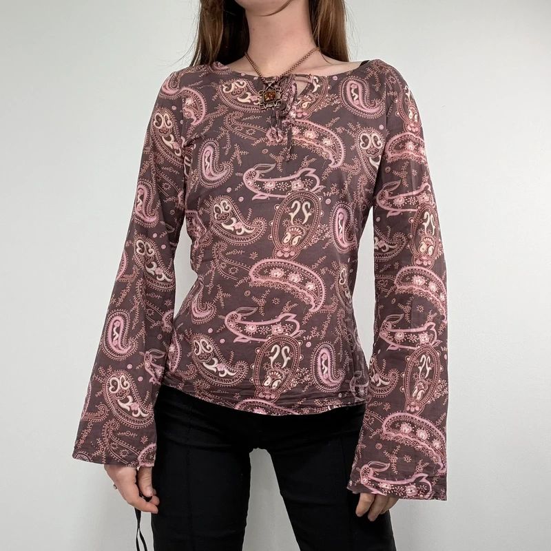 brown and pink paisley flared cotton boho shirt