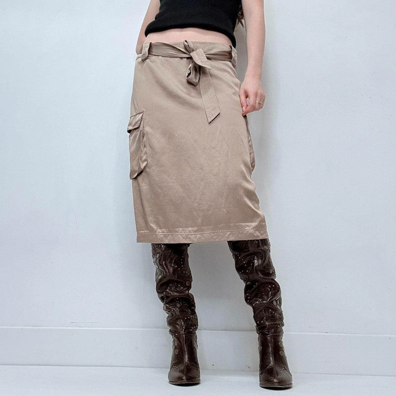 brown cargo 100% silk midi skirt