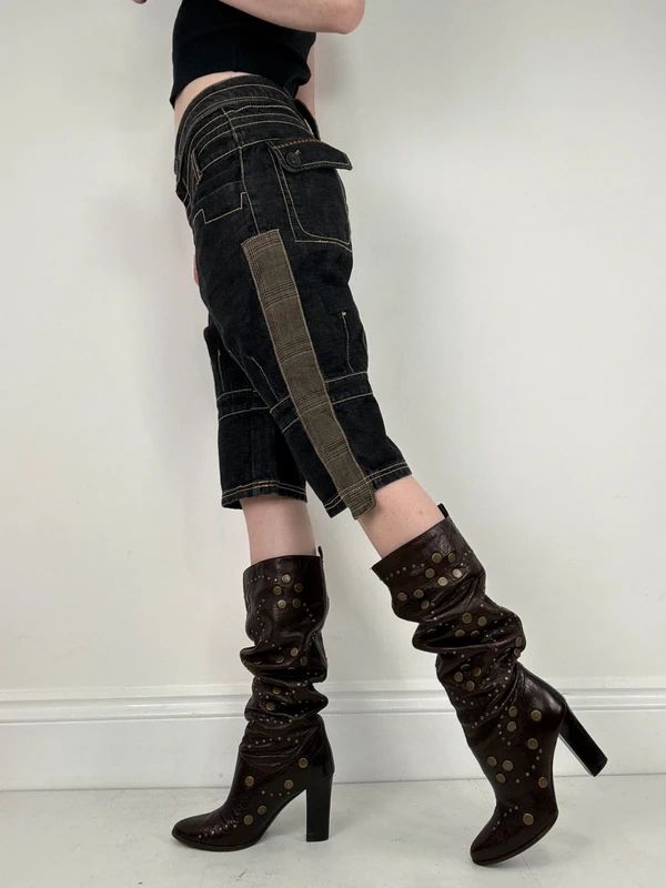 distressed black denim jorts capri pants