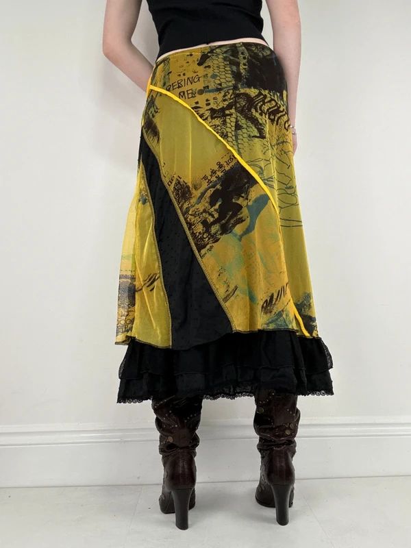 Patchwork graphic mesh layered long skirt