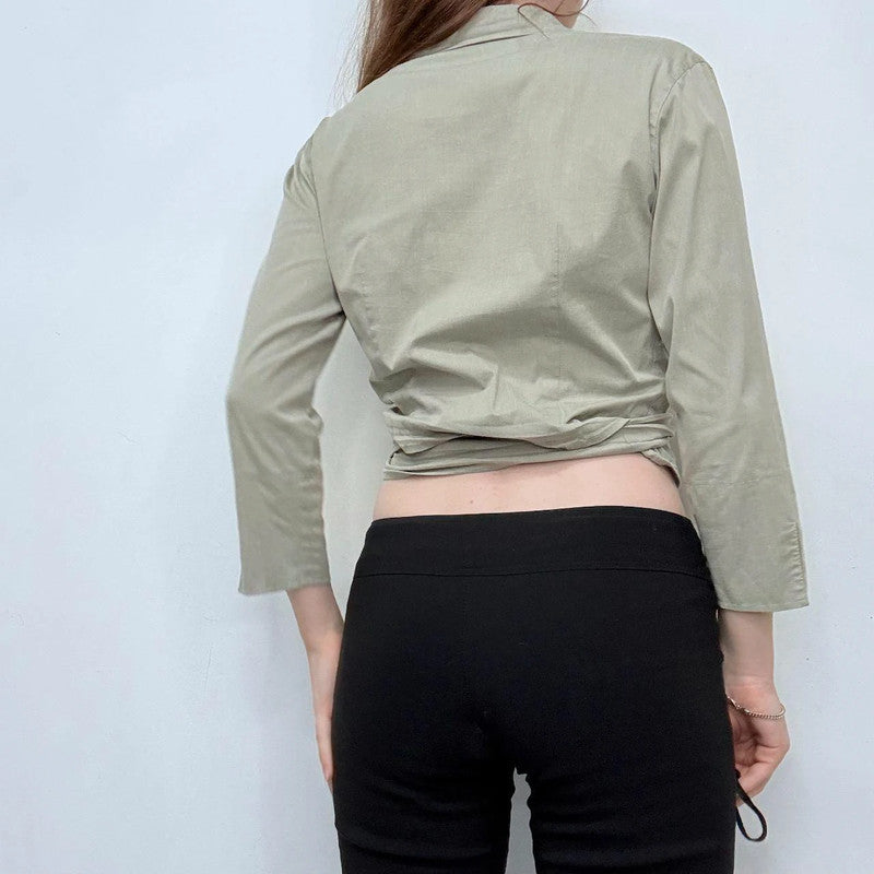 khaki green wrap cropped shirt