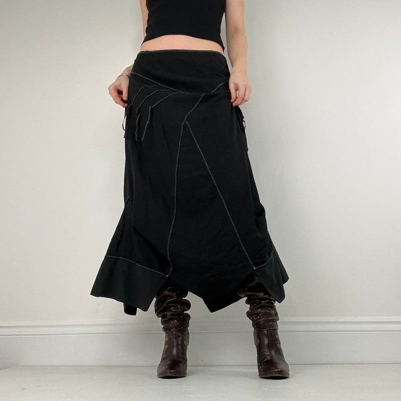 panelled patchwork asymmetric black midi skirt