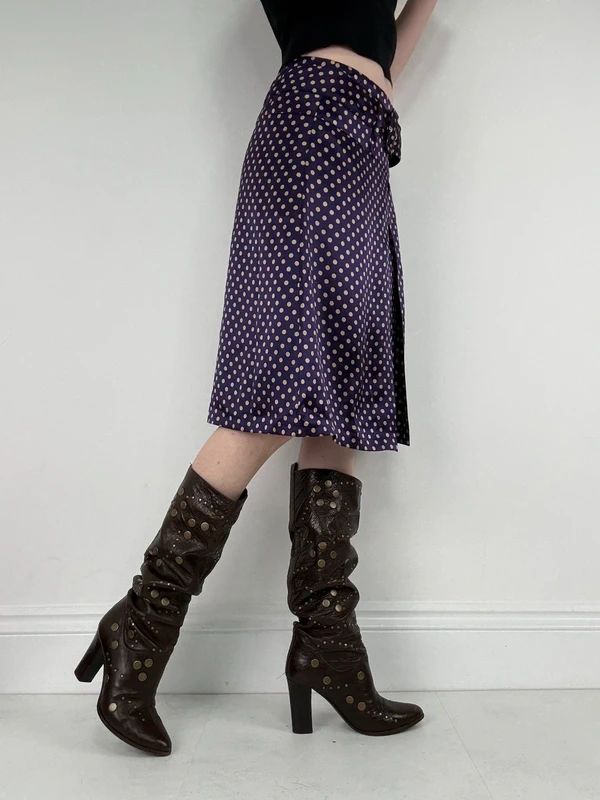pleated silk polkadot flared midi skirt
