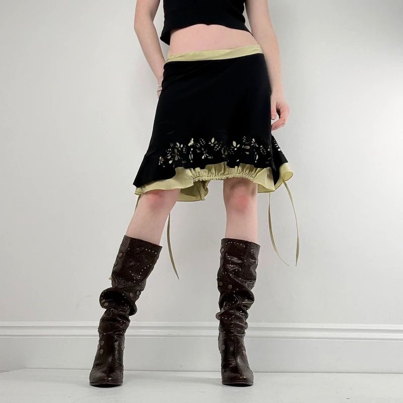 black layered cinched asymmetric midi skirt