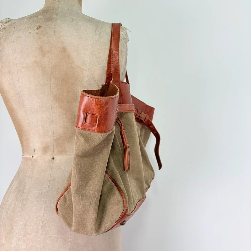 Slouchy oversized leather and canvas shoulder bag