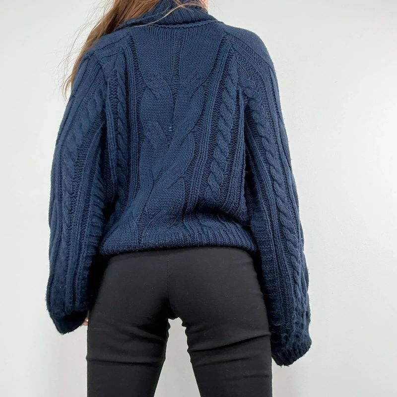 navy chunky cable knit turtle neck jumper
