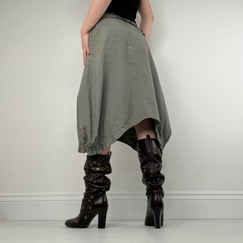 asymmetric gathered puff pleated khaki midi skirt