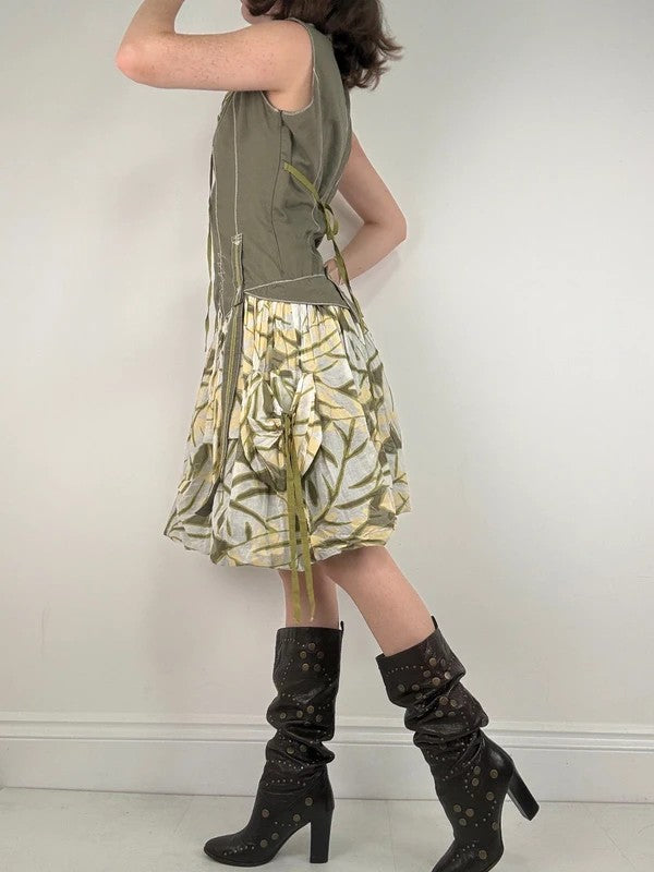 Cargo khaki patterned toggle midi puff dress