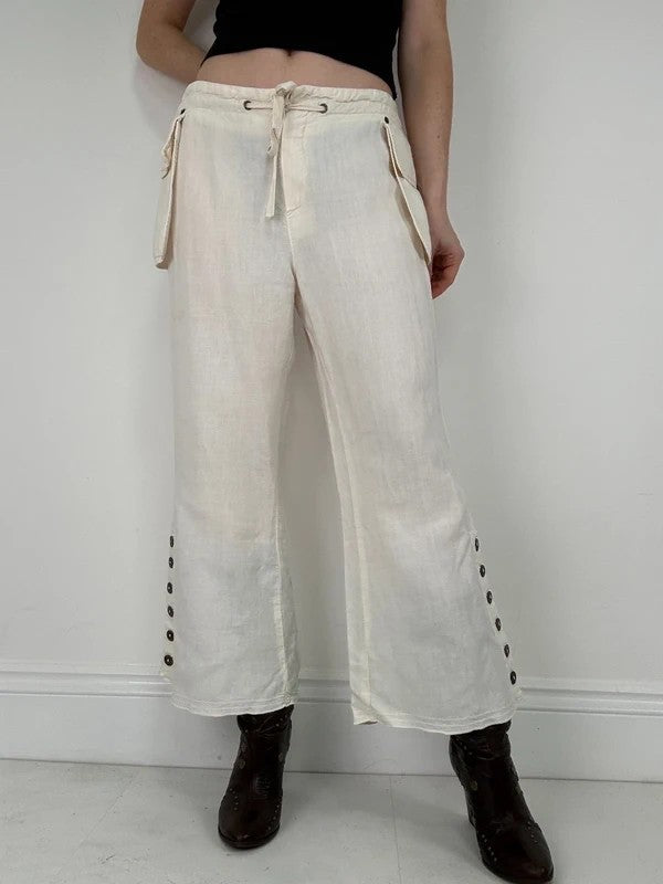white linen flared utility button trousers