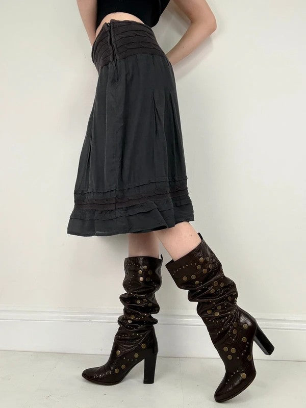 Blue low-rise drop-waist navy sheer midi skirt