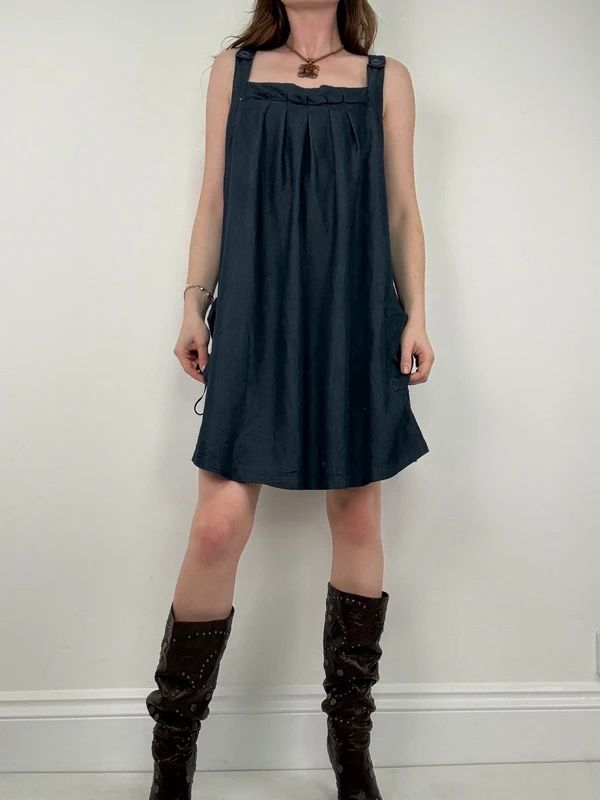 pleated denim mini pinafore dress