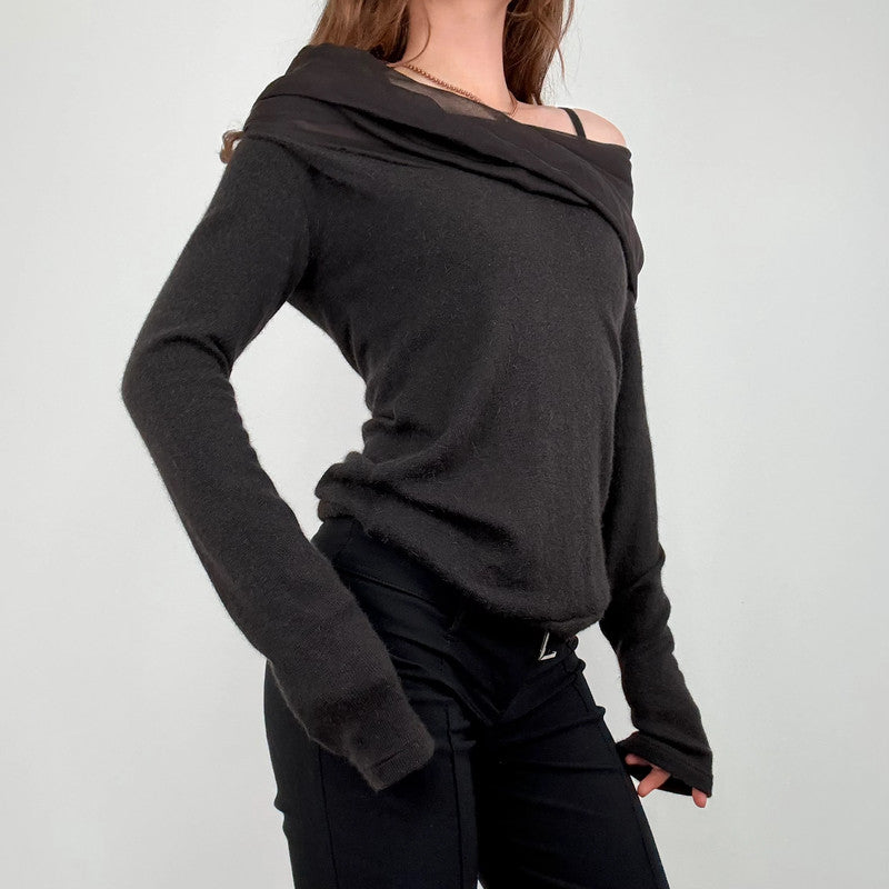 brown angora knitted off the shoulder jumper