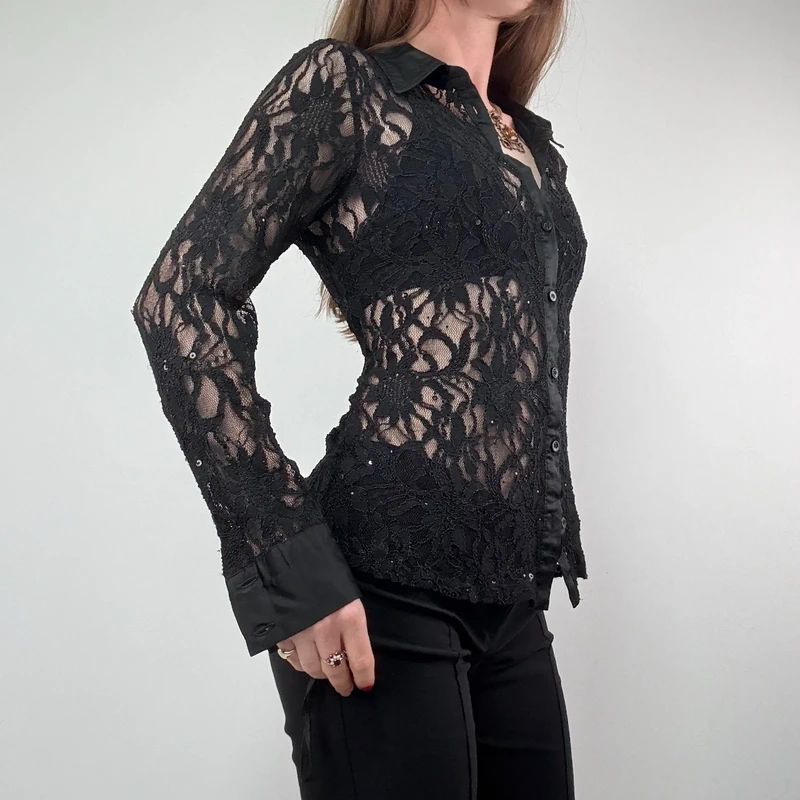 Sheer black Lace Flared Shirt