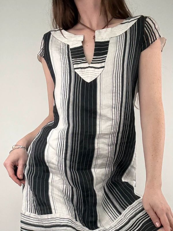 black and white linen pinstripe a-line mini dress
