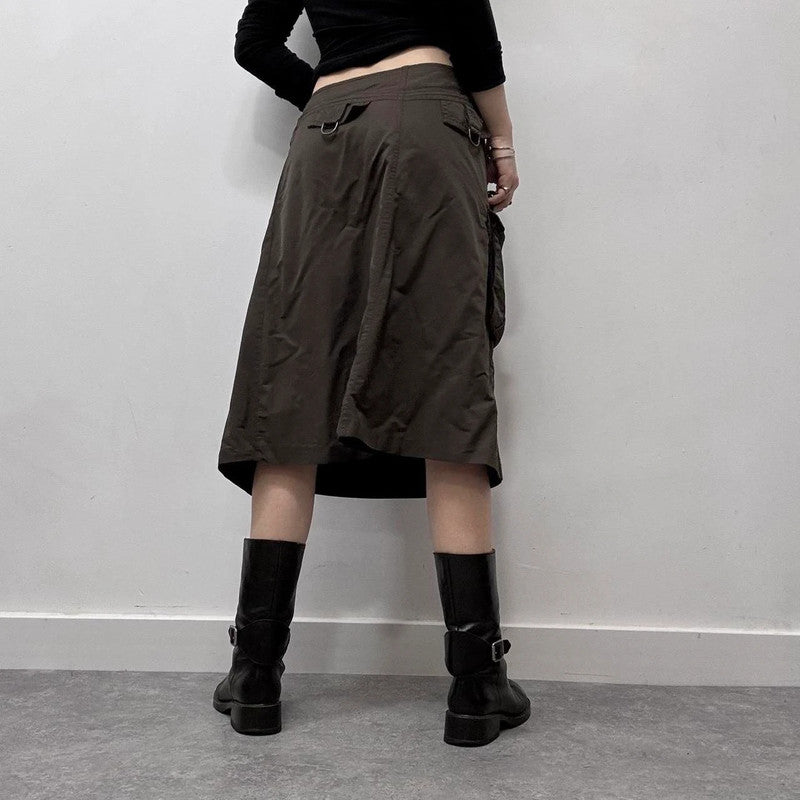 brown pinstripe flared cargo midi skirt