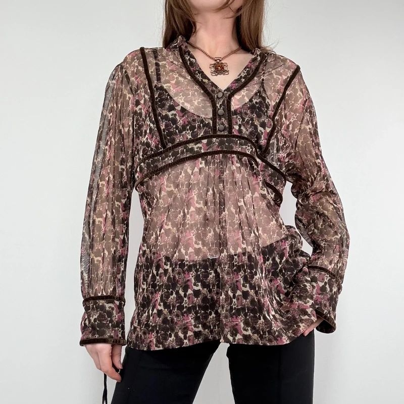 sheer brown and pink printed flared shirt