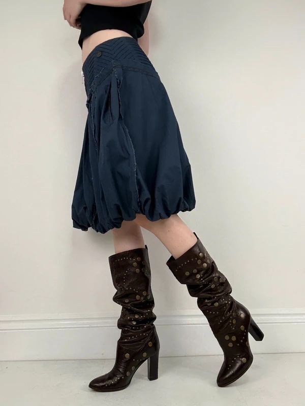 Puff parachute navy pleated midi flare skirt with zipper