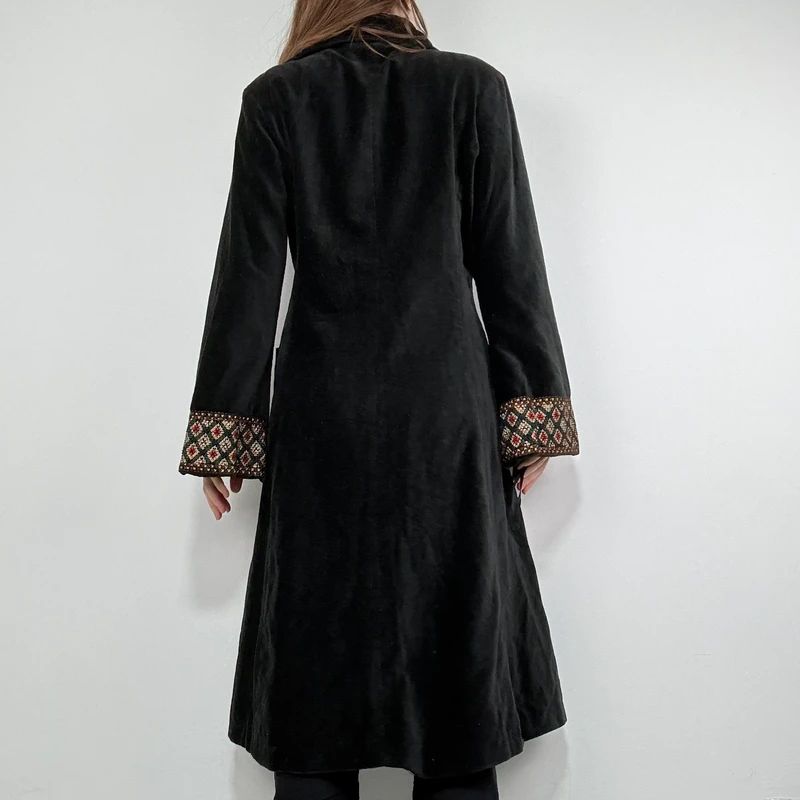 embroidered black velvet longline jacket