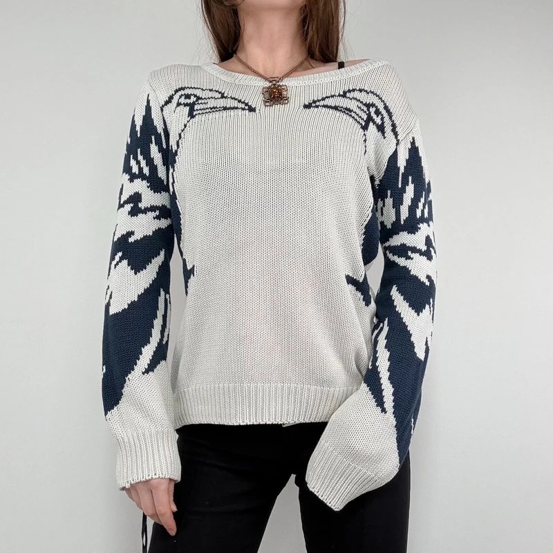 chunky knitted slouchy neck graphic jumper