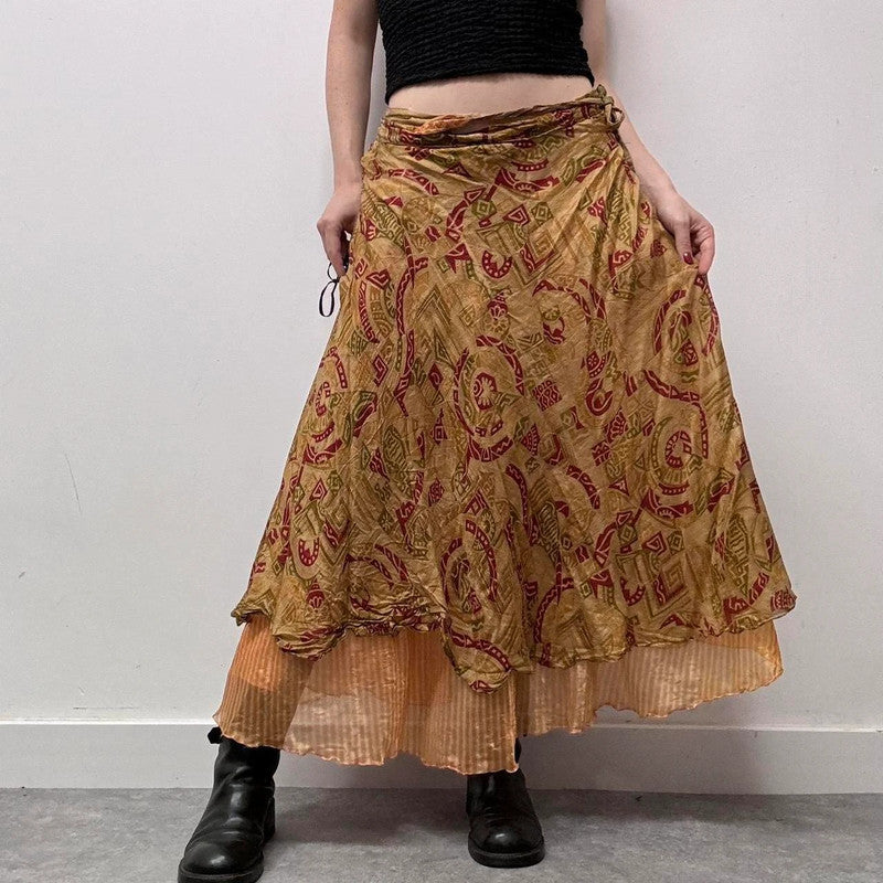 layered paisley boho silk skirt