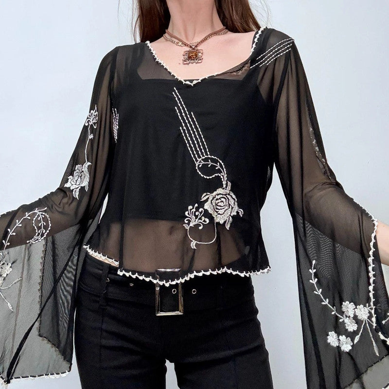 sheer flared embroidered gothic fairy shirt