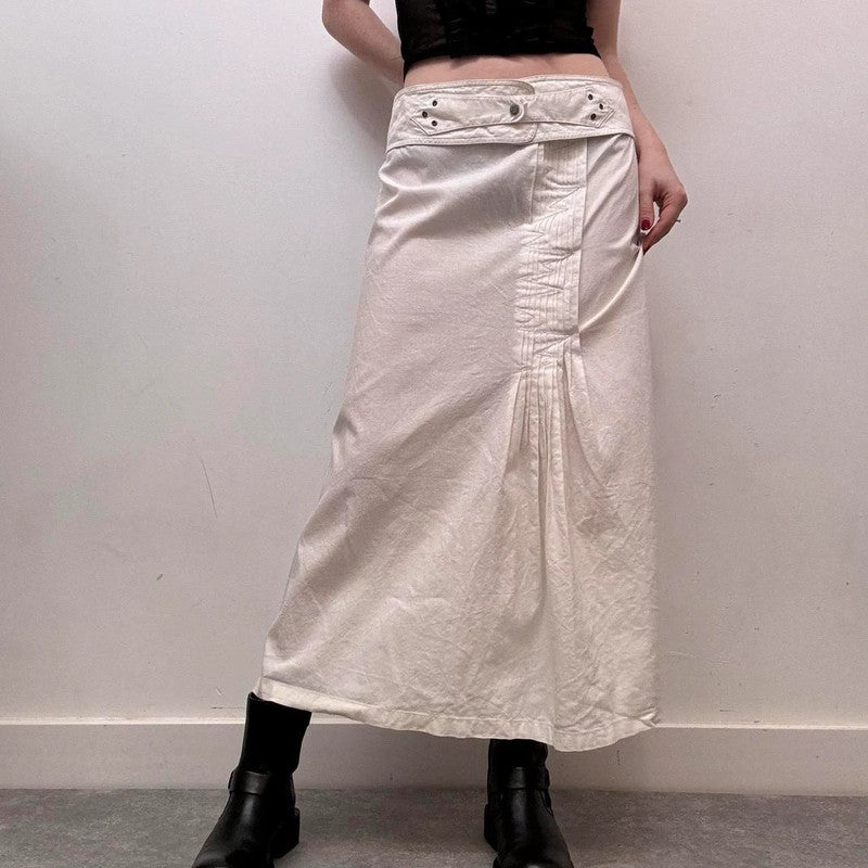 pleated white linen midi skirt