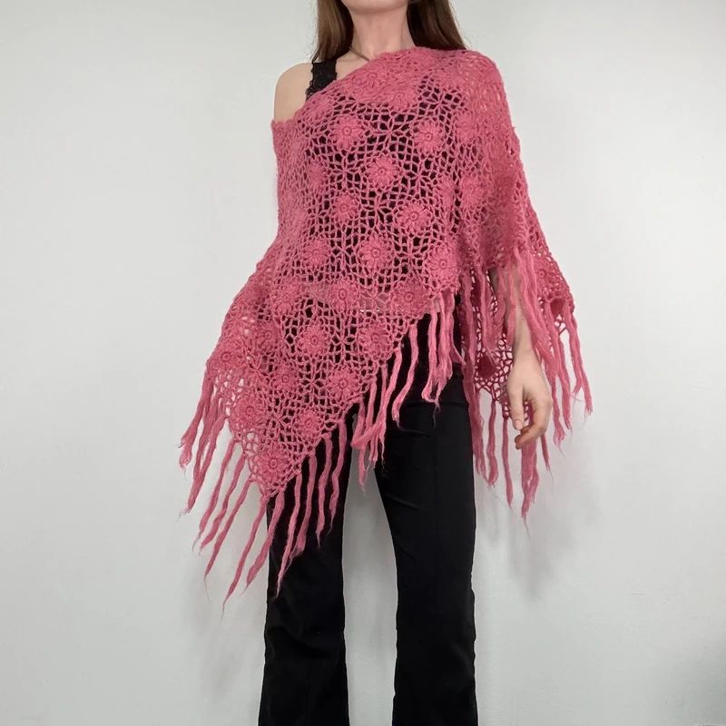 pink sheer knit crochet poncho