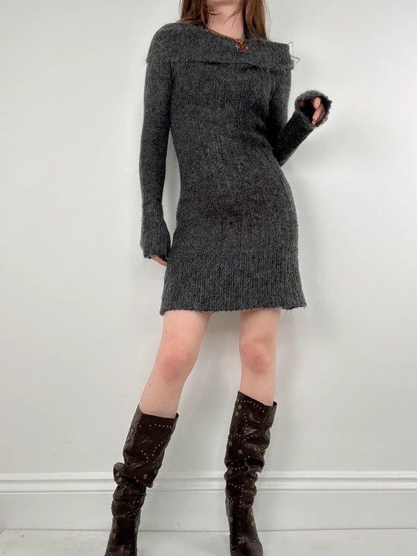 grey mohair knit slouchy off the shoulder dress