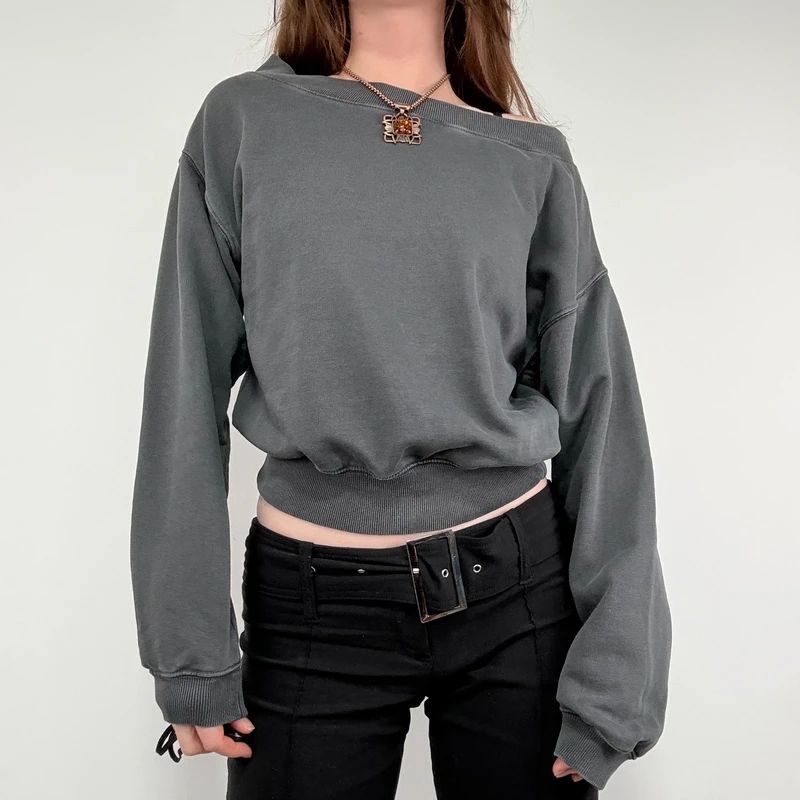 grey slash neck cropped sweater