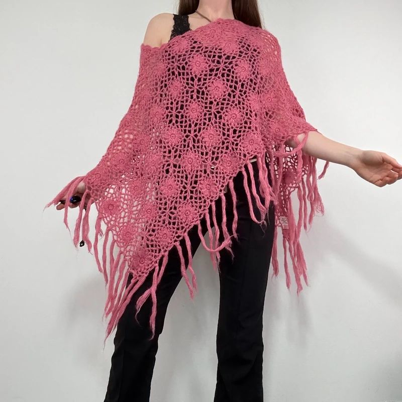 pink sheer knit crochet poncho
