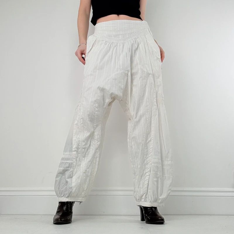 white cotton pleated puff bloomer trousers