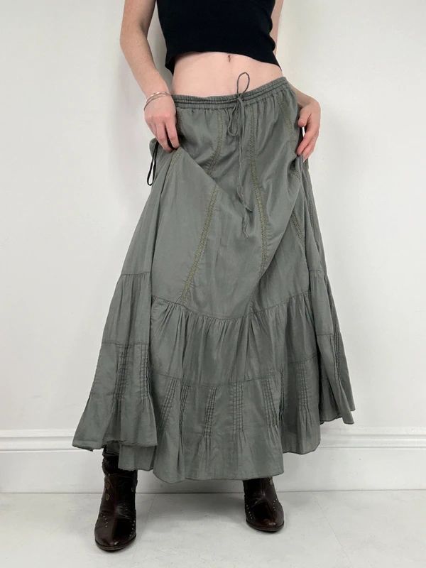 Monsoon khaki cotton flared maxi skirt