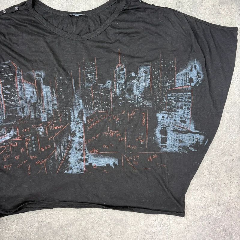 black graphic slouchy off the shoulder t-shirt