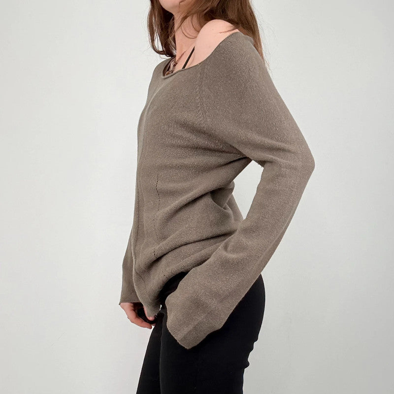 slouchy brown knit off the shoulder jumper