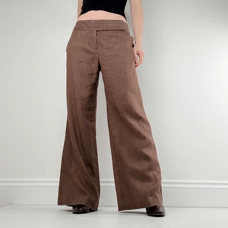 wide leg brown linen trousers