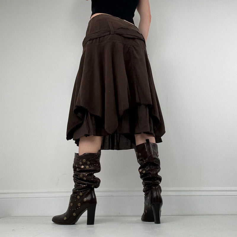 brown layered pleated midi skirt