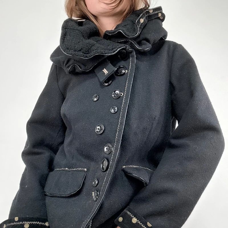 black structured asymmetric polkadot coat