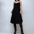 black polkadot flared flutter midi dress