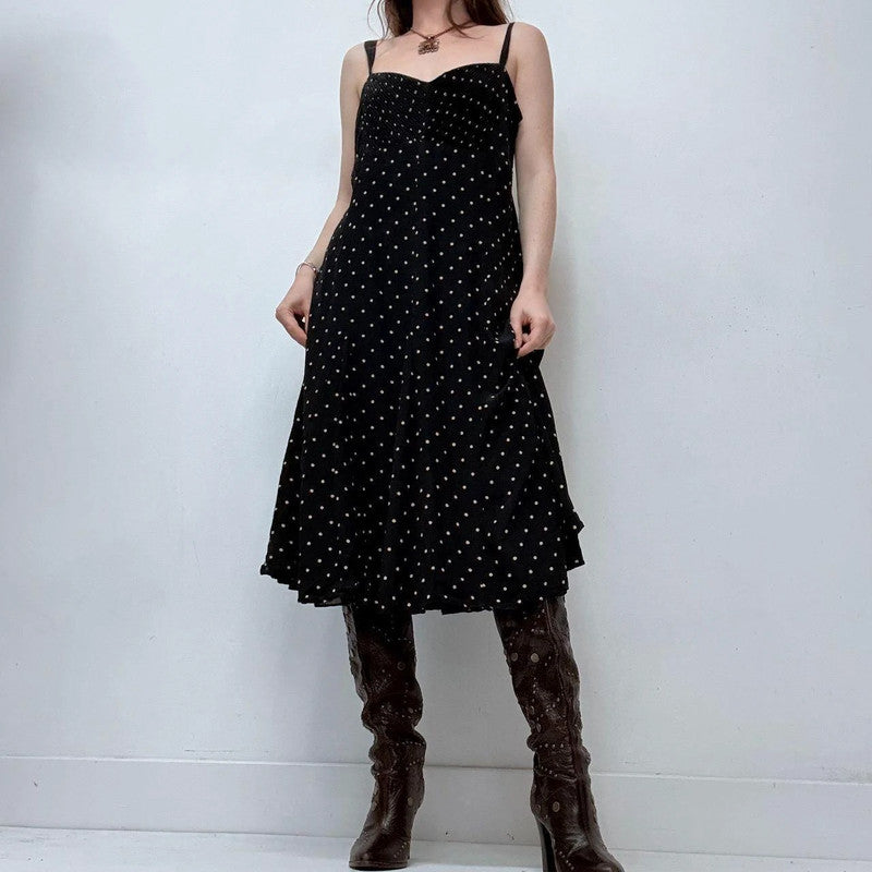 black polkadot flared flutter midi dress