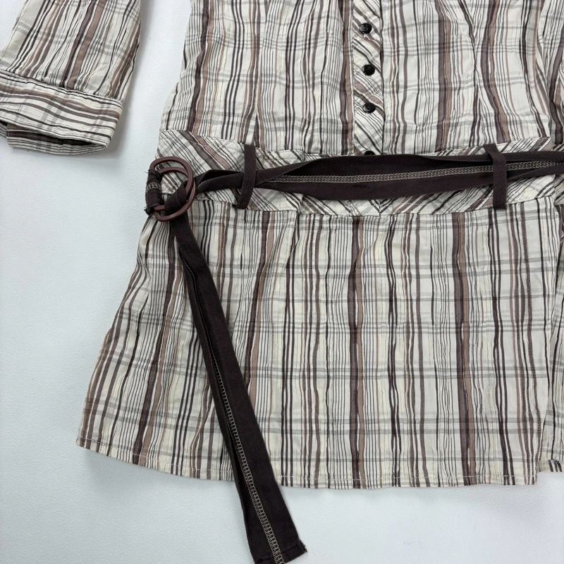 brown pinstripe checked drop waist dress