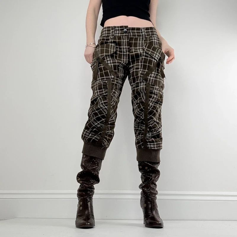 khaki tartan puff cinched capri trousers