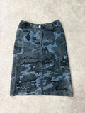 dark denim camo printed midi skirt