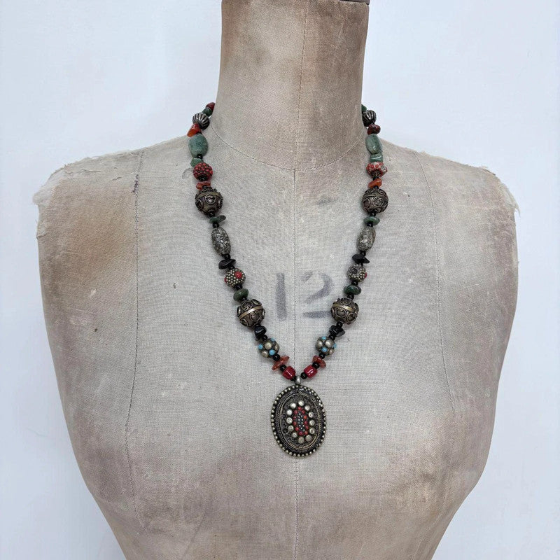 chunky beaded engraved boho necklace