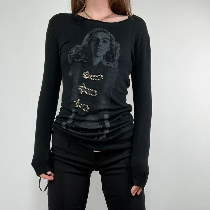 black long sleeve printed nepolion detailed t-shirt