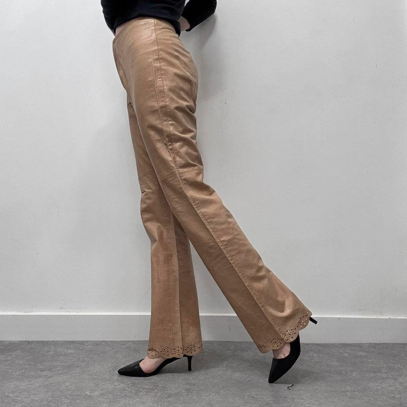 tan leather flared trousers